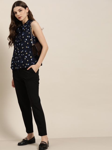 

her by invictus Navy Blue & Yellow Floral Printed Tie-Up Neck A-Line Top