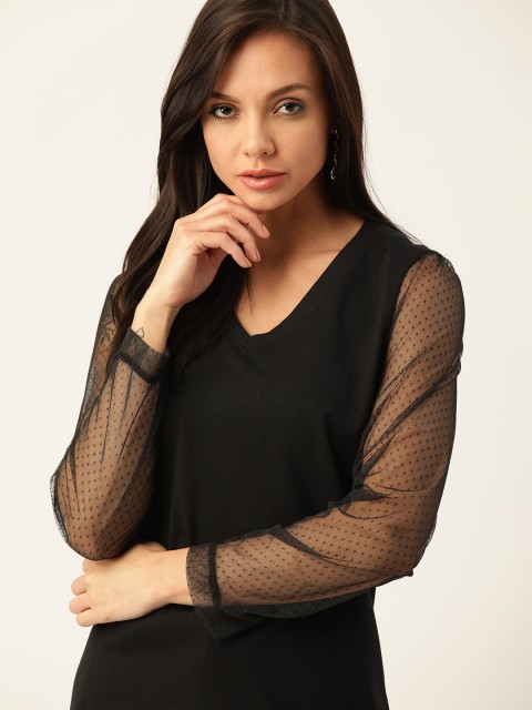 

her by invictus Women Black Solid Pure Cotton Dobby Regular Top