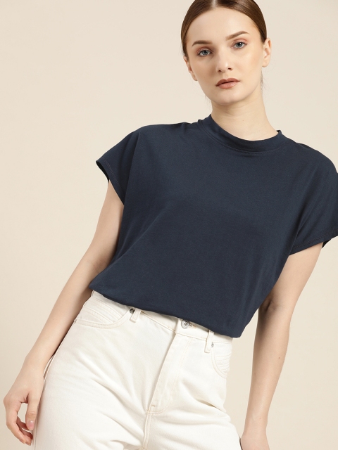 

her by invictus Navy Blue Solid Pure Cotton T-shirt