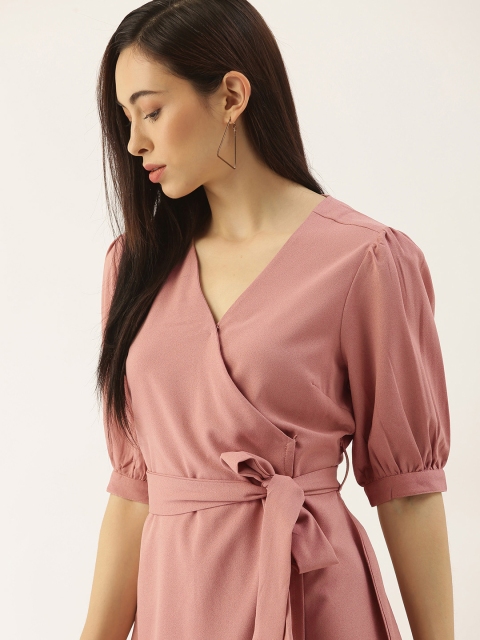 

her by invictus Pink Solid Puff Sleeve Wrap Dress