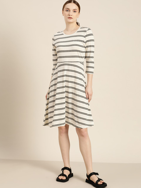 

her by invictus Off White & Olive Green Cotton Striped A-Line Dress