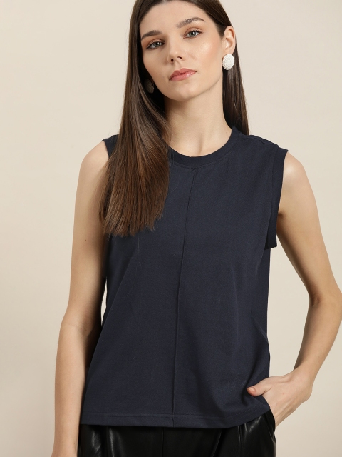 

her by invictus Navy Blue Solid Cotton Regular Top