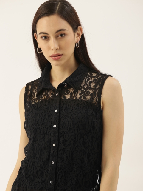 

her by invictus Black Self Design Pure Cotton Lace Shirt Style Top