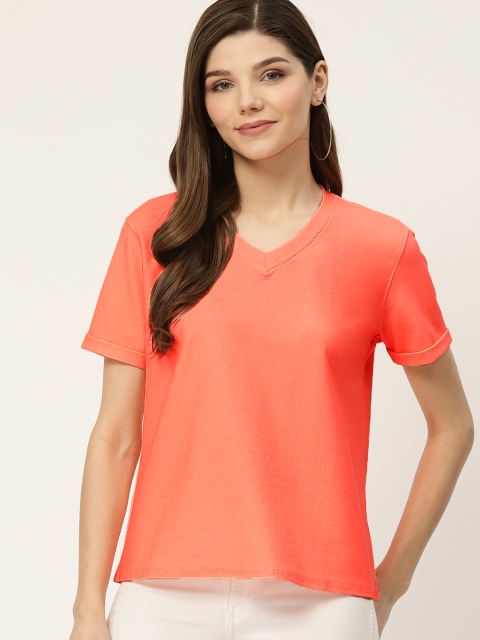 

her by invictus Women Peach-Coloured Solid V-Neck T-shirt