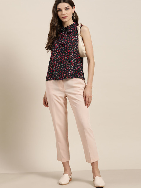 

her by invictus Black & Red Floral Printed Tie-Up Neck A-Line Top