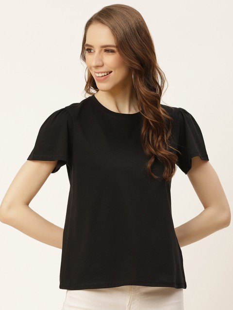 

her by invictus Black Puff Sleeve Pure Cotton Regular Top