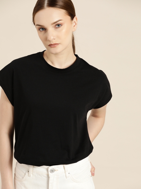 

her by invictus Black Solid Pure Cotton T-shirt