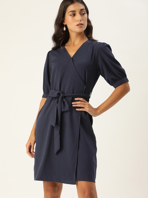 

her by invictus Navy Blue Solid Puff Sleeves Wrap Dress