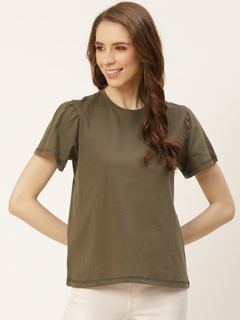 

her by invictus Olive Green Puff Sleeve Pure Cotton Regular Top