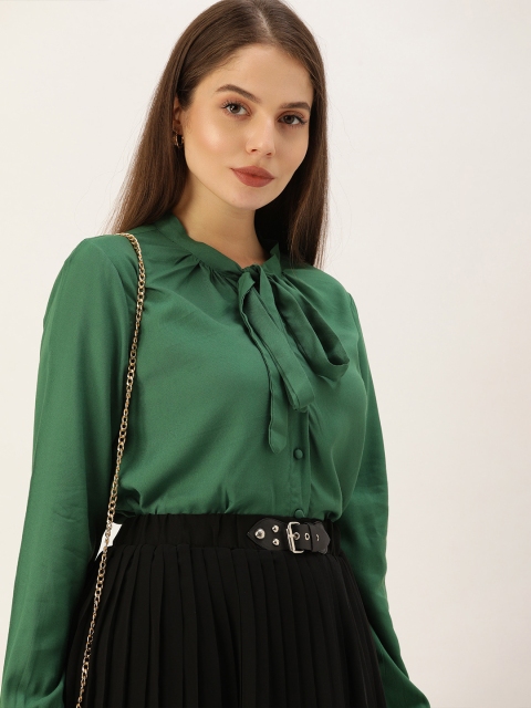 

Her By Invictus Green Tie-Up Neck Puff Sleeve Regular Top