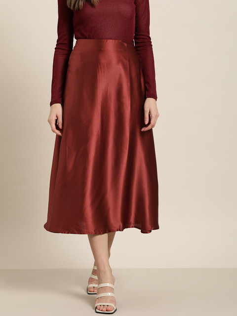 

her by invictus Women Maroon Solid A-Line Satin Skirt
