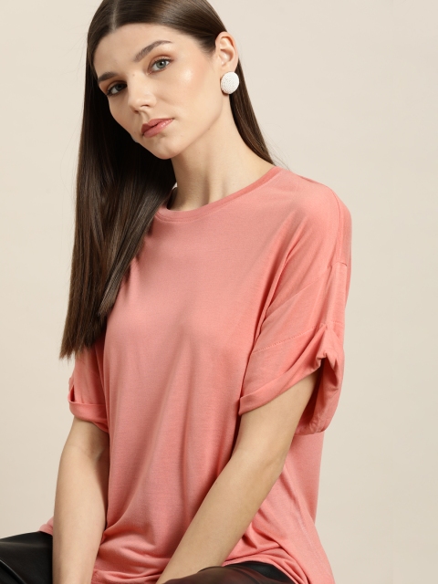 

her by invictus Pink Solid Drop-Shoulder Sleeves Regular Top
