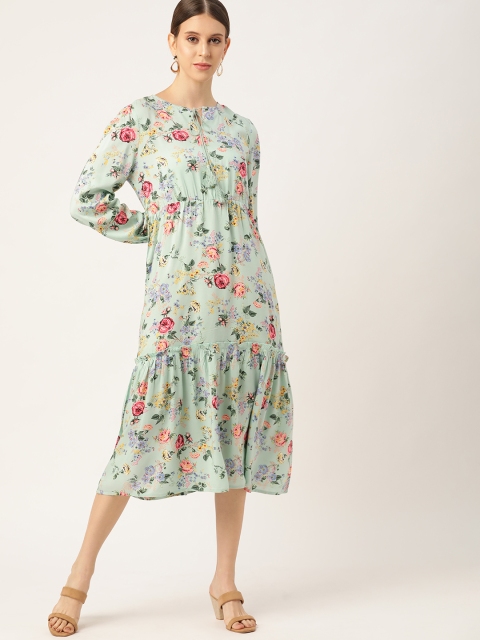 

her by invictus Women Green & Pink Floral Keyhole Neck A-Line Midi Dress