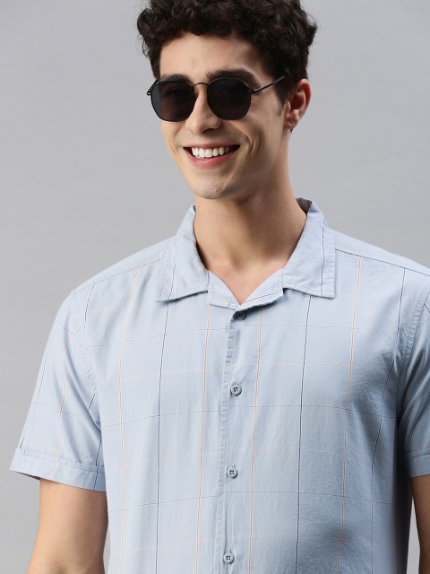 

HERE&NOW Men Grey Checked Pure Cotton Slim Fit Cuban Collar Casual Shirt