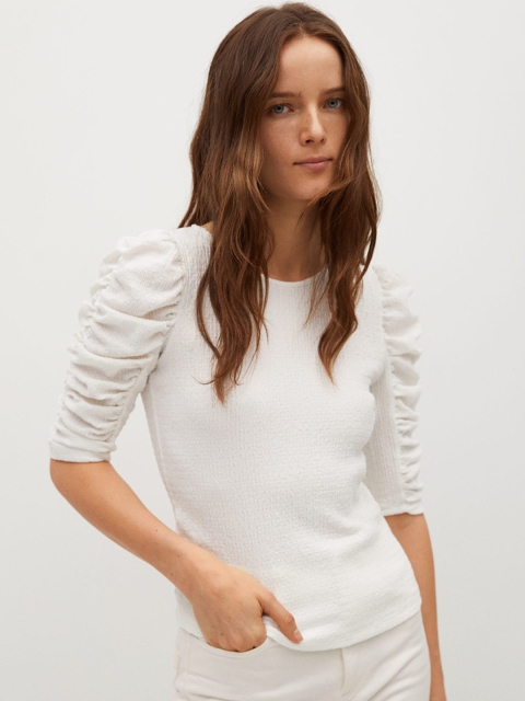 

MANGO White Puff Sleeves Smocked Fitted Sustainable Top