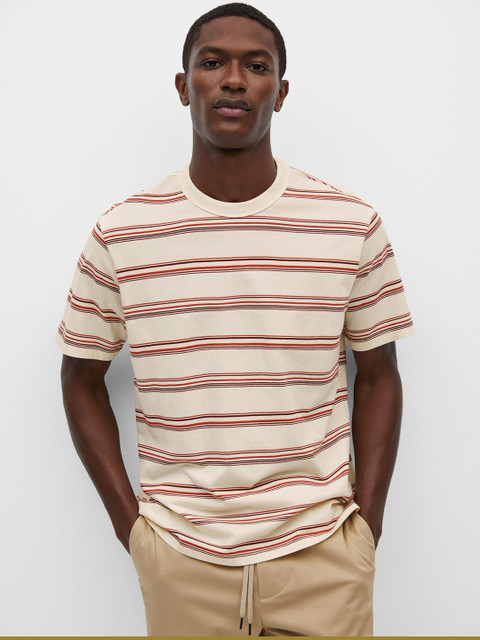 

MANGO MAN Men Cream-Coloured & Rust Red Sustainable Cotton Striped Round Neck T-shirt
