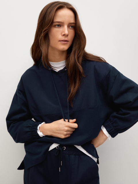 

MANGO Women Navy Blue Solid Pure Cotton Hooded Sweatshirt