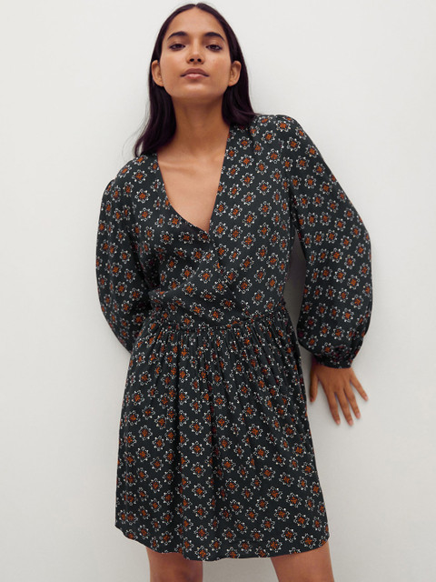 

MANGO Women Black & Off-White Sustainable Ethnic Motif Print A-Line Dress