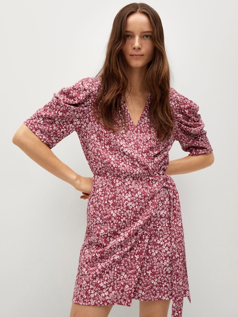

MANGO Women Maroon & White Ditsy Floral Printed Wrap Dress