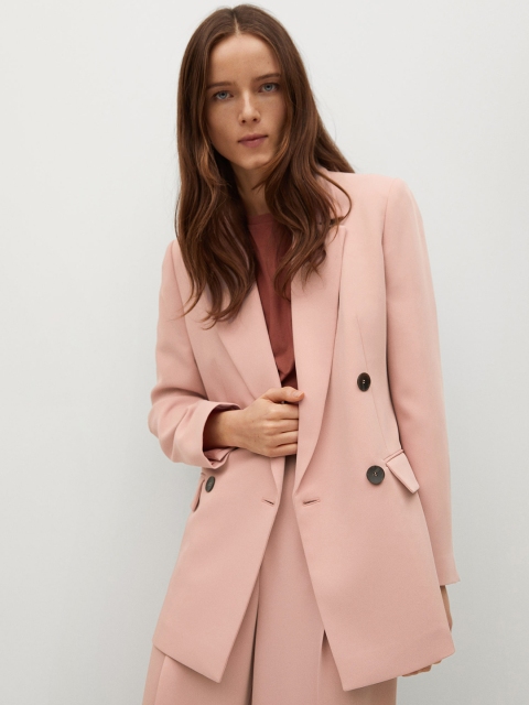 

MANGO Women Peach-Coloured Recycled Polyester Solid Single-Breasted Casual Blazer