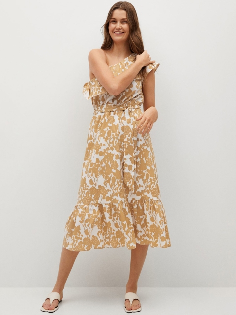 

MANGO Women White & Beige Pure Cotton One Shoulder Floral Printed A-Line Dress