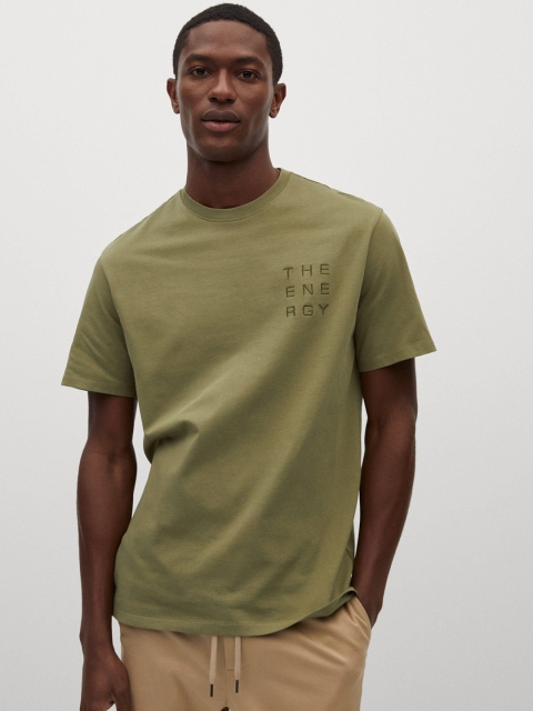 

MANGO MAN Men Olive Green Pure Cotton Sustainable Solid Round Neck T-shirt