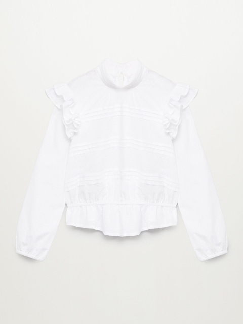

Mango Kids Girls White Puff Sleeves Pure Cotton Ruffles Dobby Weave Sustainable Top