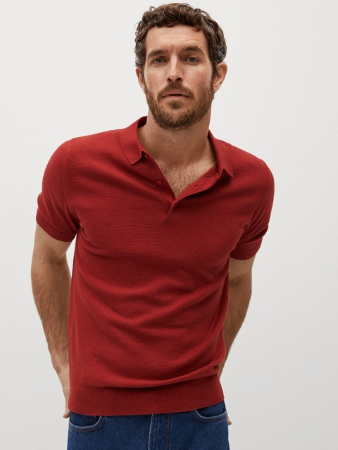 

MANGO MAN Men Rust Red Sustainable Cotton Self Design Polo Collar T-shirt