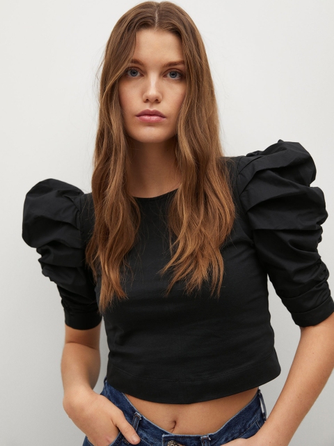 

MANGO Black Puff Sleeves Pure Cotton Sustainable Regular Crop Top