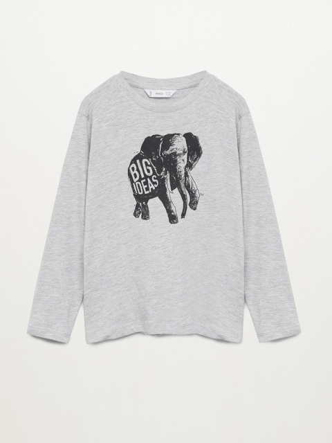 

Mango Kids Boys Grey Melange & Black Elephant Print Round Neck Sustainable T-shirt