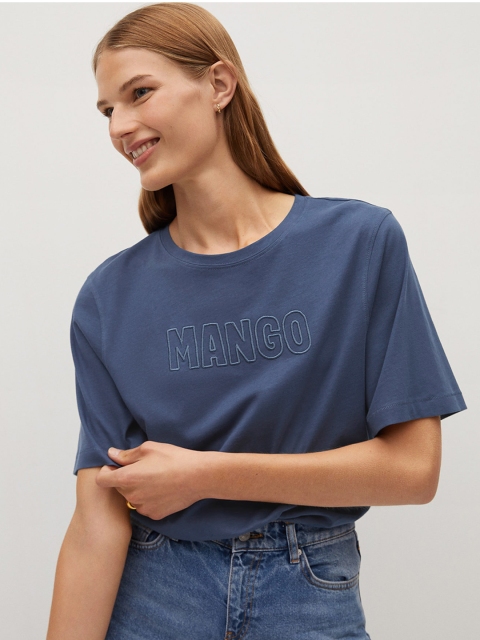

MANGO Women Blue Brand Logo Embroidered Organic Cotton Round Neck T-shirt