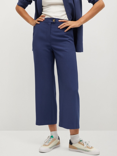 

MANGO Women Navy Blue Regular Fit Solid Cropped Trousers