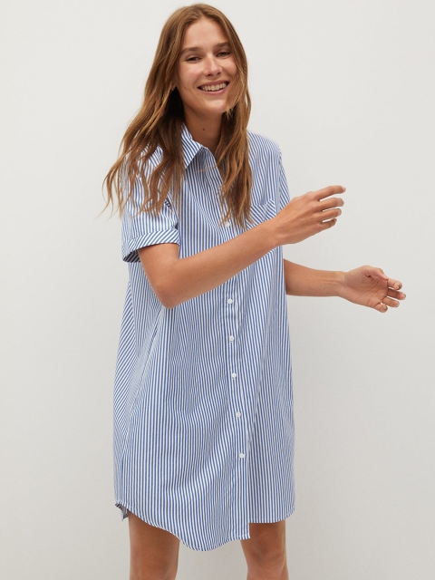 

MANGO Women Blue & White Striped Shirt Dress