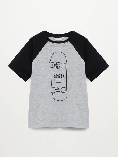 

Mango Kids Boys Grey Melange & Black Skateboard Print Round Neck Sustainable T-shirt