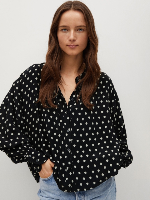 

MANGO Women Black & Off-White Boxy Printed Casual Shirt