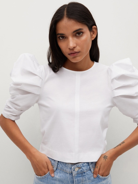 

MANGO White Puff Sleeves Power Shoulders Pure Cotton Sustainable Regular Top