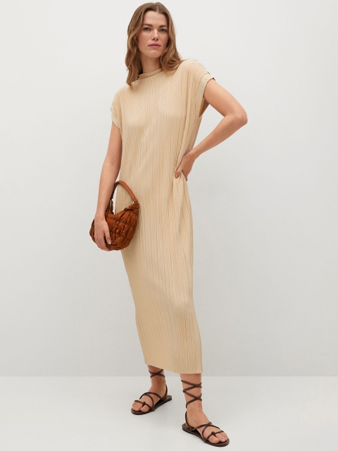 

MANGO Women Cream-Coloured Self Striped Midi Sheath Dress