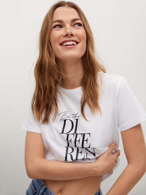 

MANGO Women White & Black Organic Cotton Printed Round Neck T-shirt