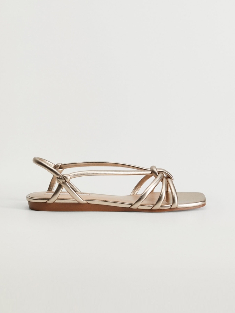 

MANGO Women Gold-Toned Solid Open Toe Flats with Knot Detail