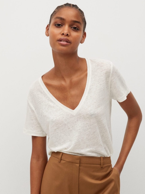 

MANGO Women White Solid Pure Linen Plunging V-Neck T-shirt
