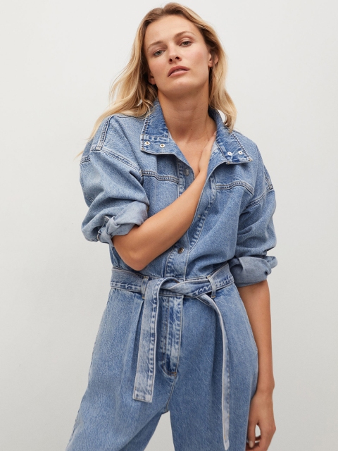 

MANGO Women Sustainable Blue Pure Eco-Wash Cotton Solid Denim Basic Jumpsuit