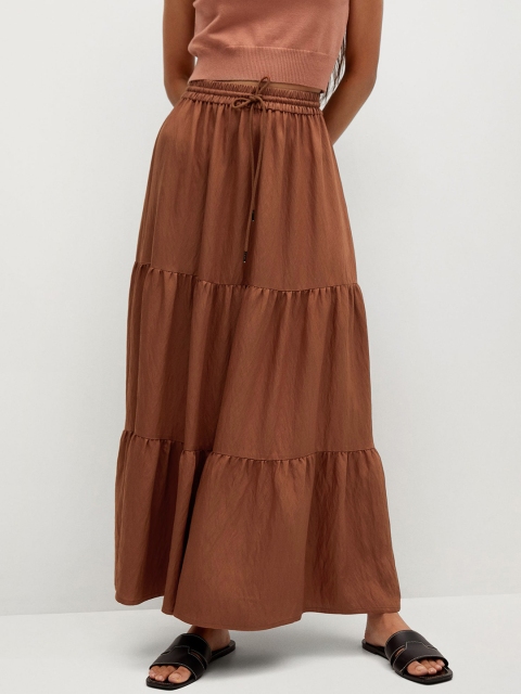 

MANGO Women Rust Orange Solid Tiered Maxi Ecovero Sustainable Skirt
