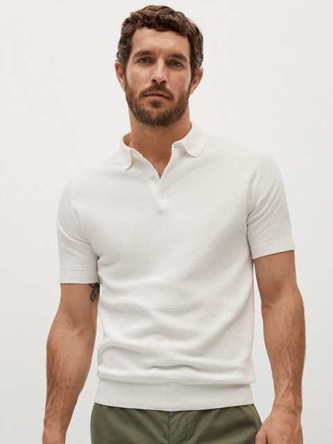 

MANGO MAN White Sustainable Cotton Self Design Polo Collar T-shirt