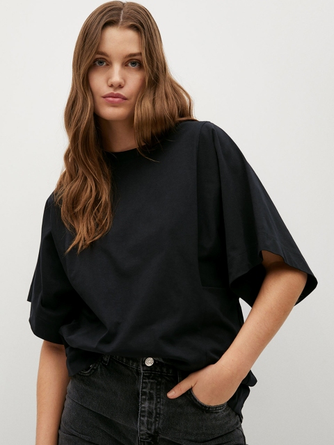 

MANGO Women Black Organic Cotton Solid Round Neck T-shirt, Blue
