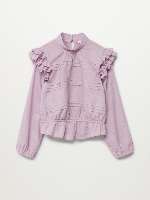 

Mango Kids Girls Lavender Puff Sleeves Pure Cotton Ruffles Dobby Weave Sustainable Top