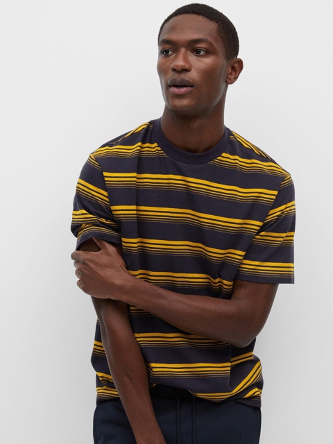 

MANGO MAN Men Navy Blue & Mustard Yellow Sustainable Cotton Striped Round Neck T-shirt