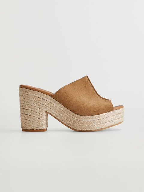 

MANGO Women Camel Brown Solid Leather Espadrilles Heeled Mules