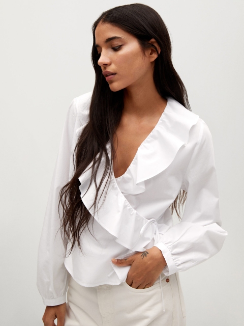 

MANGO White Pure Cotton Sustainable Ruffled Wrap Top with Tie-Ups