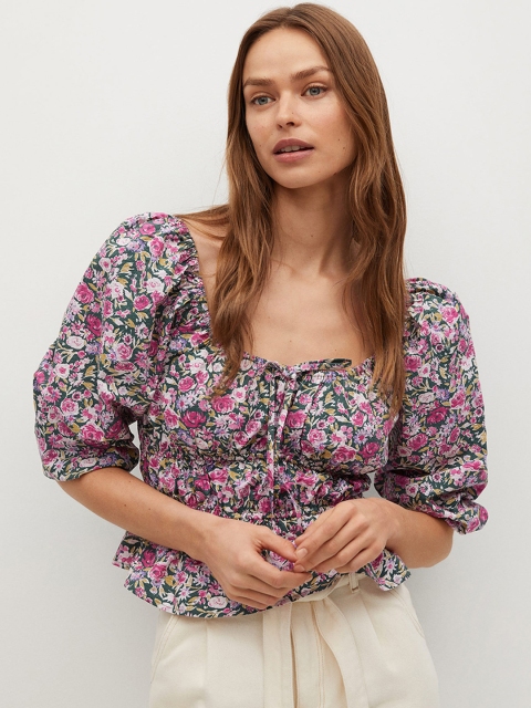 

MANGO Green & Pink Floral Printed Puff Sleeves Pure Cotton Sustainable Cinched Waist Top