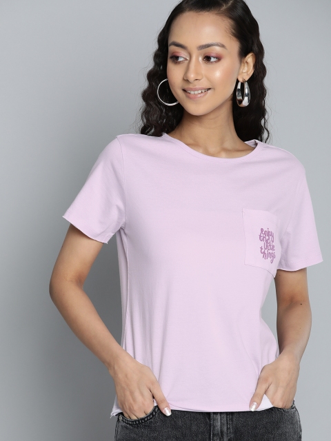 

VividArtsy Women Lavender Pure Cotton Solid Round Neck Pure Cotton T-shirt